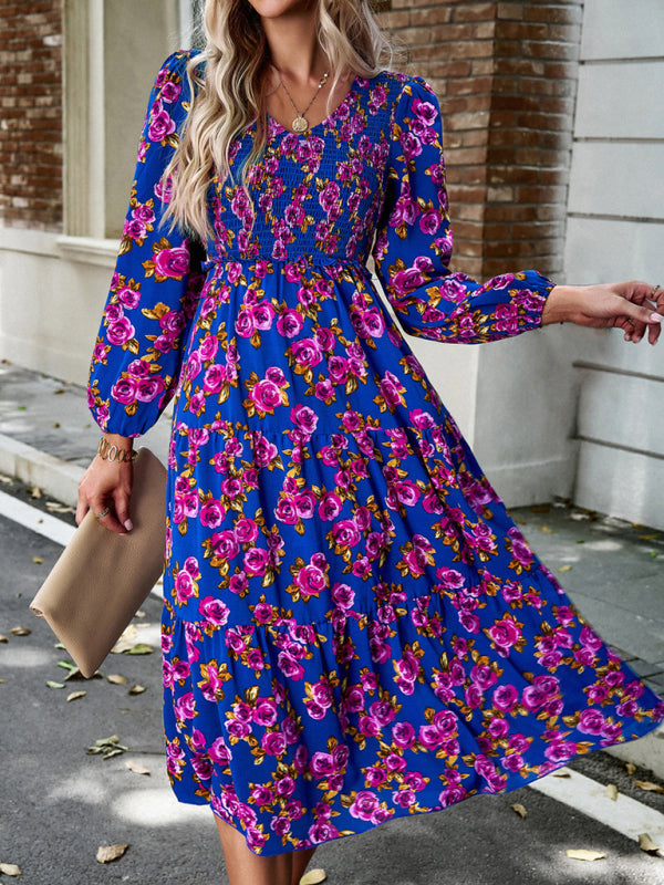 Floral Dresses- Floral Smocked Tiered Long Sleeve Midi Dress- - Pekosa Women Clothing