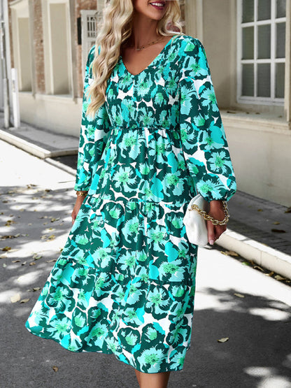 Floral Dresses- Floral Smocked Tiered Long Sleeve Midi Dress- Green- Pekosa Women Clothing