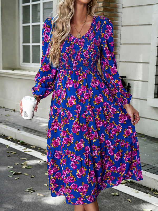 Floral Dresses- Floral Smocked Tiered Long Sleeve Midi Dress- - Pekosa Women Clothing