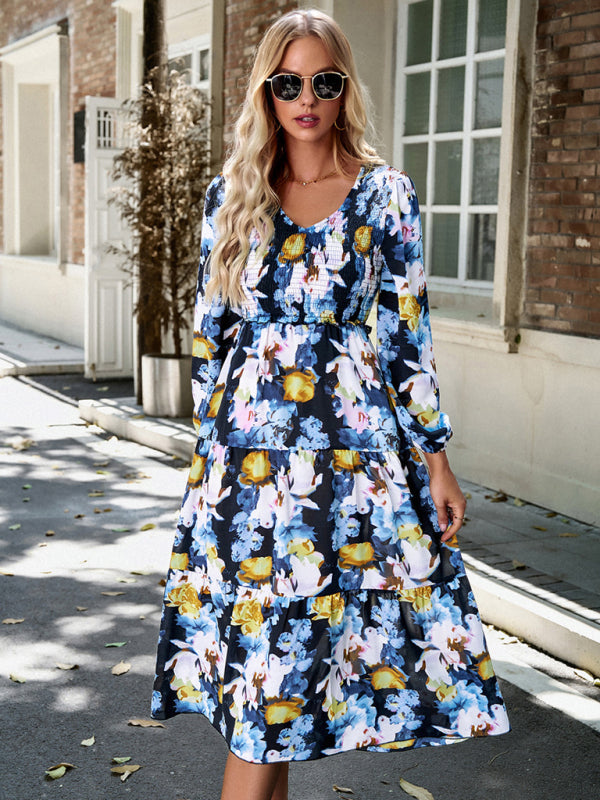 Floral Dresses- Floral Smocked Tiered Long Sleeve Midi Dress- - Pekosa Women Clothing