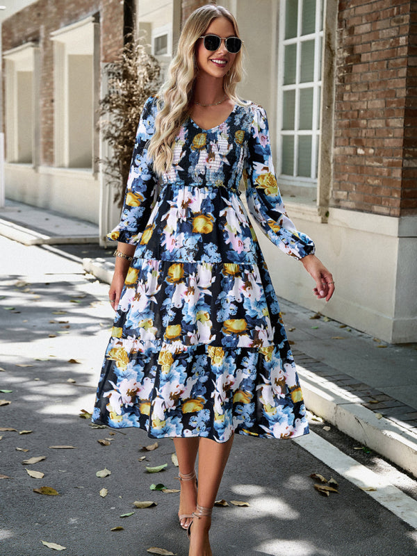 Floral Dresses- Floral Smocked Tiered Long Sleeve Midi Dress- - Pekosa Women Clothing