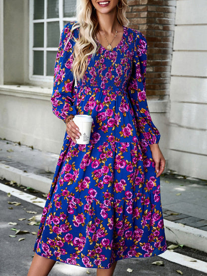 Floral Dresses- Floral Smocked Tiered Long Sleeve Midi Dress- Blue- Pekosa Women Clothing