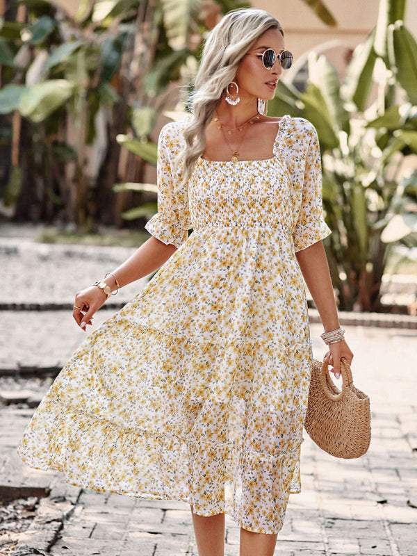 Floral Dresses- Floral Square Neck Dress: Elasticized Sleeves, Ruffle Accents- - Pekosa Women Clothing