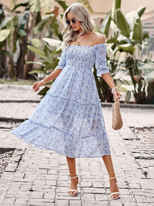 Floral Dresses- Floral Square Neck Dress: Elasticized Sleeves, Ruffle Accents- - Pekosa Women Clothing