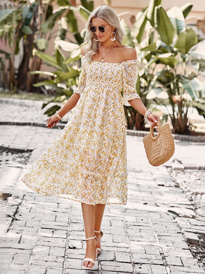 Floral Dresses- Floral Square Neck Dress: Elasticized Sleeves, Ruffle Accents- - Pekosa Women Clothing