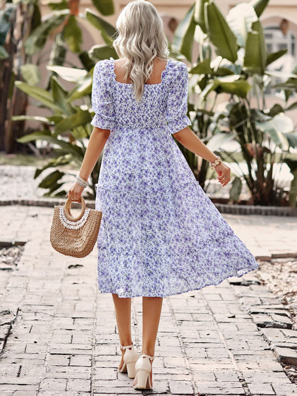 Floral Dresses- Floral Square Neck Dress: Elasticized Sleeves, Ruffle Accents- - Pekosa Women Clothing