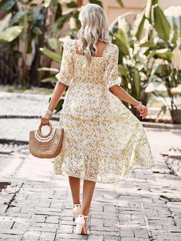 Floral Dresses- Floral Square Neck Dress: Elasticized Sleeves, Ruffle Accents- - Pekosa Women Clothing