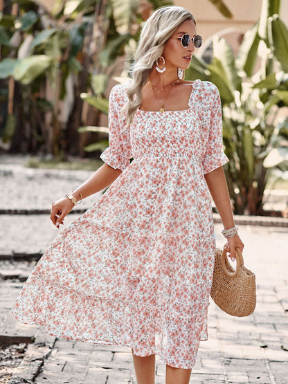 Floral Dresses- Floral Square Neck Dress: Elasticized Sleeves, Ruffle Accents- - Pekosa Women Clothing