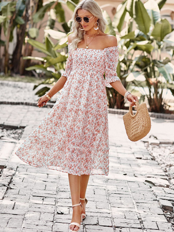 Floral Dresses- Floral Square Neck Dress: Elasticized Sleeves, Ruffle Accents- - Pekosa Women Clothing