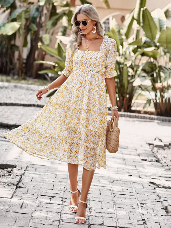 Floral Dresses- Floral Square Neck Dress: Elasticized Sleeves, Ruffle Accents- Yellow- Pekosa Women Clothing