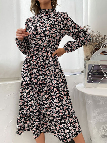 Floral Dresses- Floral Stand Collar Tiered Ruffle Midi Dress with Long Sleeves- - Pekosa Women Clothing