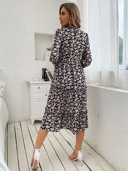 Floral Dresses- Floral Stand Collar Tiered Ruffle Midi Dress with Long Sleeves- - Pekosa Women Clothing