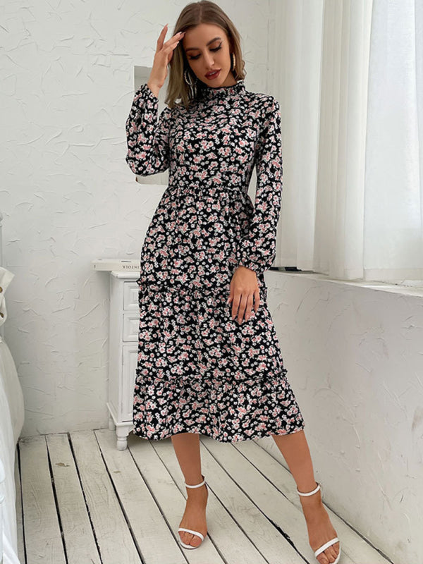 Floral Dresses- Floral Stand Collar Tiered Ruffle Midi Dress with Long Sleeves- Pink- Pekosa Women Clothing