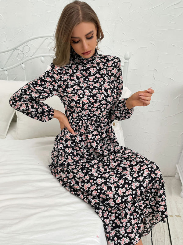 Floral Dresses- Floral Stand Collar Tiered Ruffle Midi Dress with Long Sleeves- - Pekosa Women Clothing