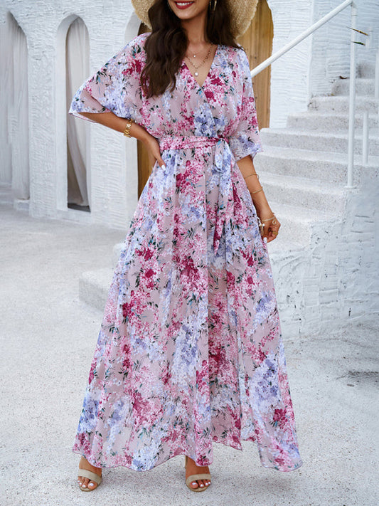 Floral Dresses- Floral Surplice Maxi Dress with Slit & Belt- Pink- Pekosa Women Fashion