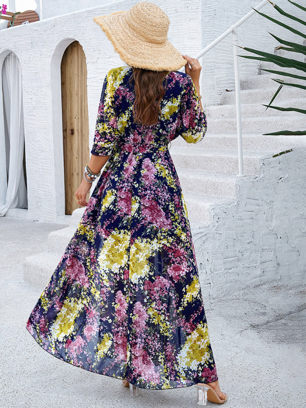 Floral Dresses- Floral Surplice Maxi Dress with Slit & Belt- - Pekosa Women Fashion