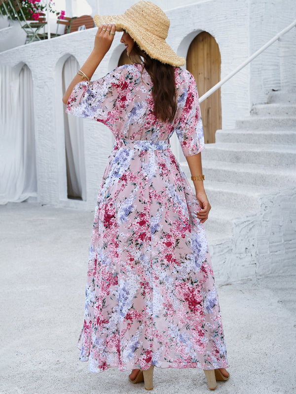 Floral Dresses- Floral Surplice Maxi Dress with Slit & Belt- - Pekosa Women Fashion