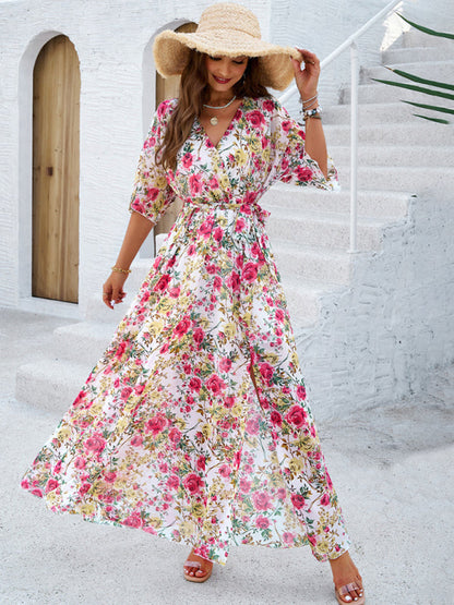 Floral Dresses- Floral Surplice Maxi Dress with Slit & Belt- - Pekosa Women Fashion