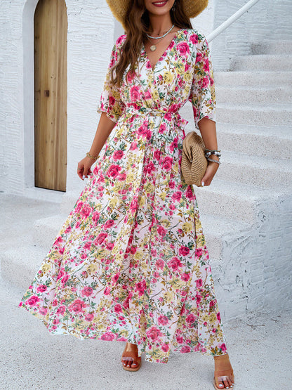 Floral Dresses- Floral Surplice Maxi Dress with Slit & Belt- - Pekosa Women Fashion