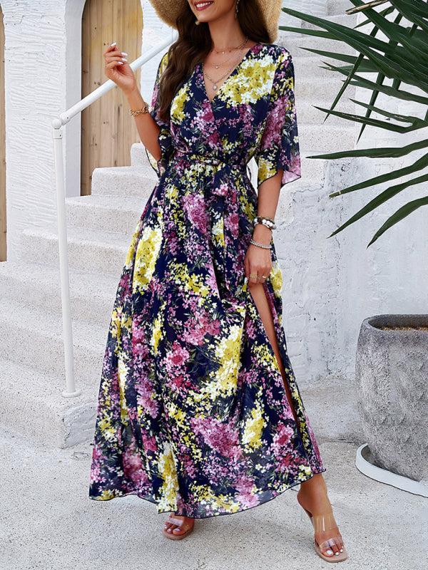 Floral Dresses- Floral Surplice Maxi Dress with Slit & Belt- - Pekosa Women Fashion