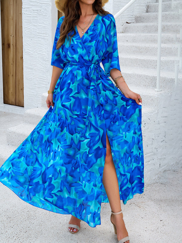 Floral Dresses- Floral Surplice Maxi Dress with Slit & Belt- Blue- Pekosa Women Fashion