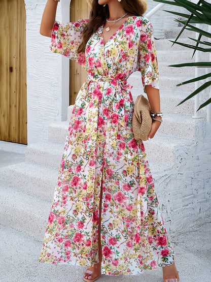 Floral Dresses- Floral Surplice Maxi Dress with Slit & Belt- White- Pekosa Women Fashion