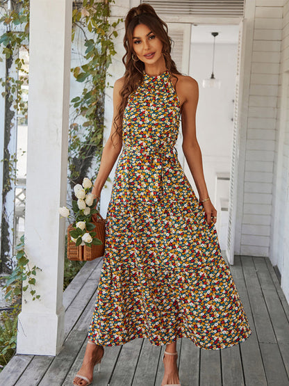 Floral Dresses- Floral Tiered Halter Tank Dress: Ditsy Print, Mid Calf Length- Black- Pekosa Women Clothing