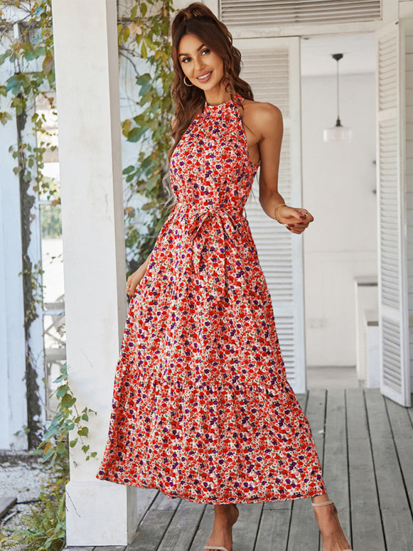 Floral Dresses- Floral Tiered Halter Tank Dress: Ditsy Print, Mid Calf Length- Pink- Pekosa Women Clothing