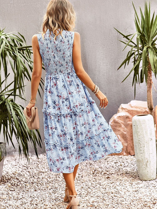 Floral Dresses- Floral Tiered Midi Dress: Smocked Bodice, Ruffle Accents- - Pekosa Women Clothing