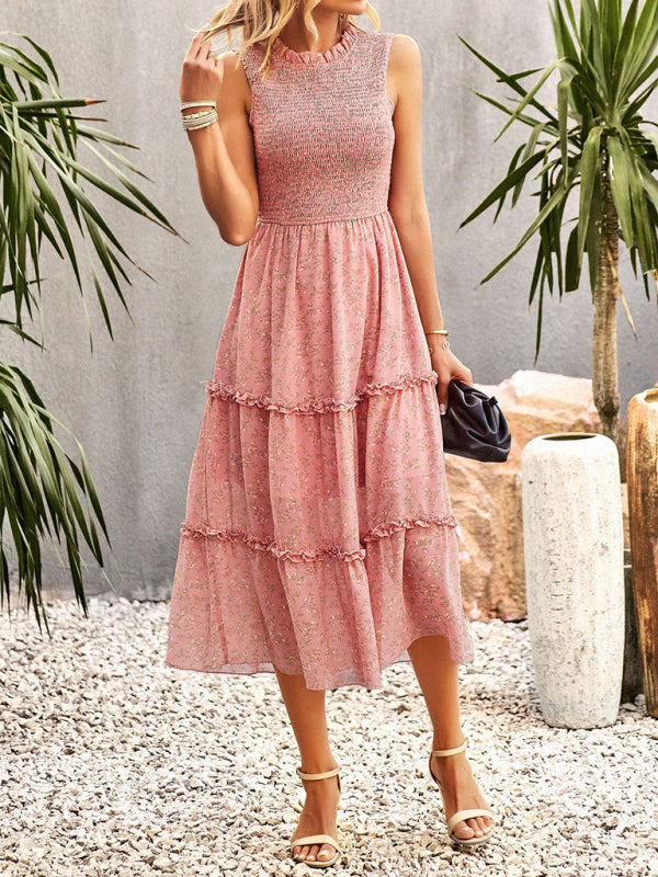 Floral Dresses- Floral Tiered Midi Dress: Smocked Bodice, Ruffle Accents- - Pekosa Women Clothing