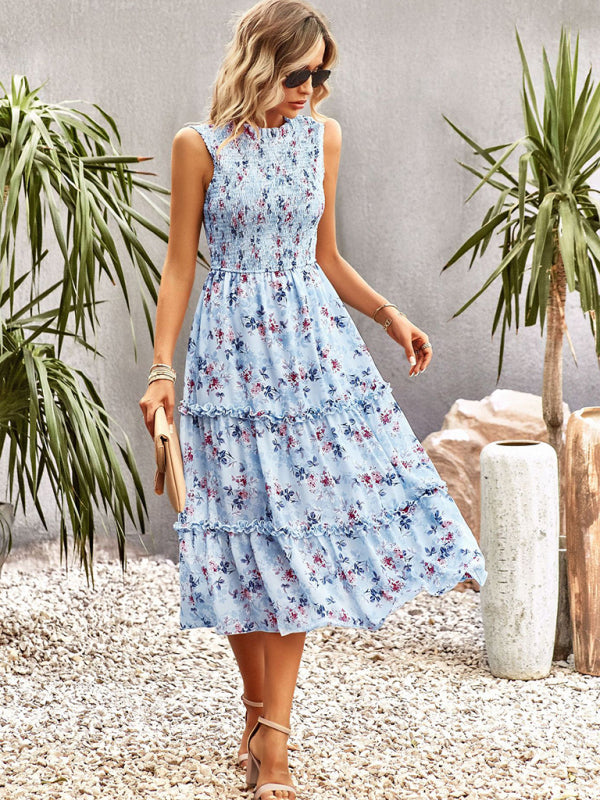 Floral Dresses- Floral Tiered Midi Dress: Smocked Bodice, Ruffle Accents- - Pekosa Women Clothing