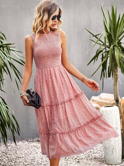 Floral Dresses- Floral Tiered Midi Dress: Smocked Bodice, Ruffle Accents- - Pekosa Women Clothing