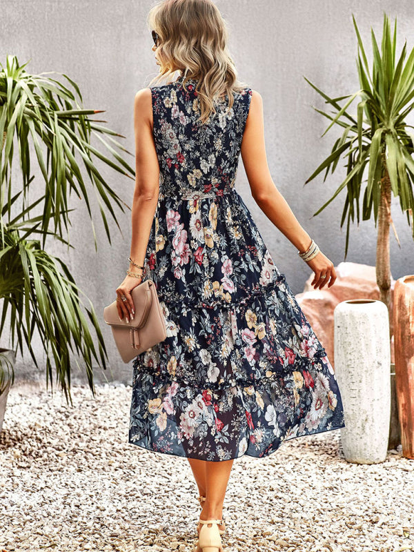 Floral Dresses- Floral Tiered Midi Dress: Smocked Bodice, Ruffle Accents- - Pekosa Women Clothing