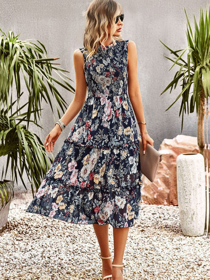 Floral Dresses- Floral Tiered Midi Dress: Smocked Bodice, Ruffle Accents- - Pekosa Women Clothing