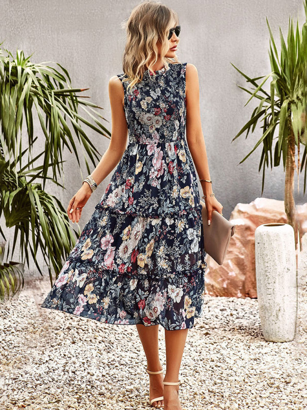 Floral Dresses- Floral Tiered Midi Dress: Smocked Bodice, Ruffle Accents- - Pekosa Women Clothing