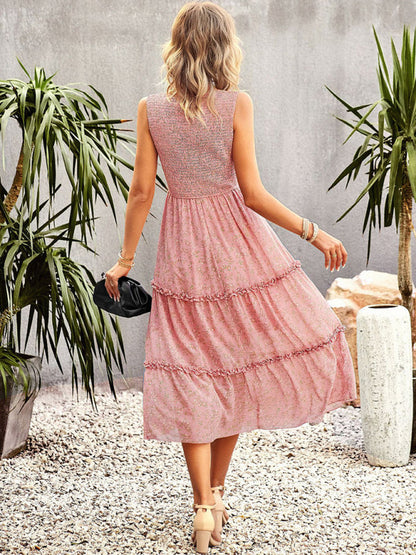 Floral Dresses- Floral Tiered Midi Dress: Smocked Bodice, Ruffle Accents- - Pekosa Women Clothing