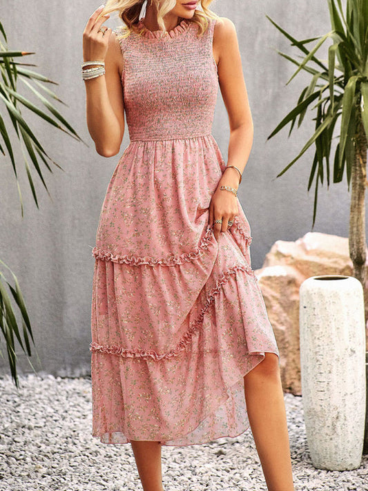 Floral Dresses- Floral Tiered Midi Dress: Smocked Bodice, Ruffle Accents- Pink- Pekosa Women Clothing