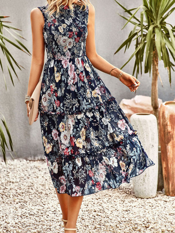 Floral Dresses- Floral Tiered Midi Dress: Smocked Bodice, Ruffle Accents- Navy Blue- Pekosa Women Clothing
