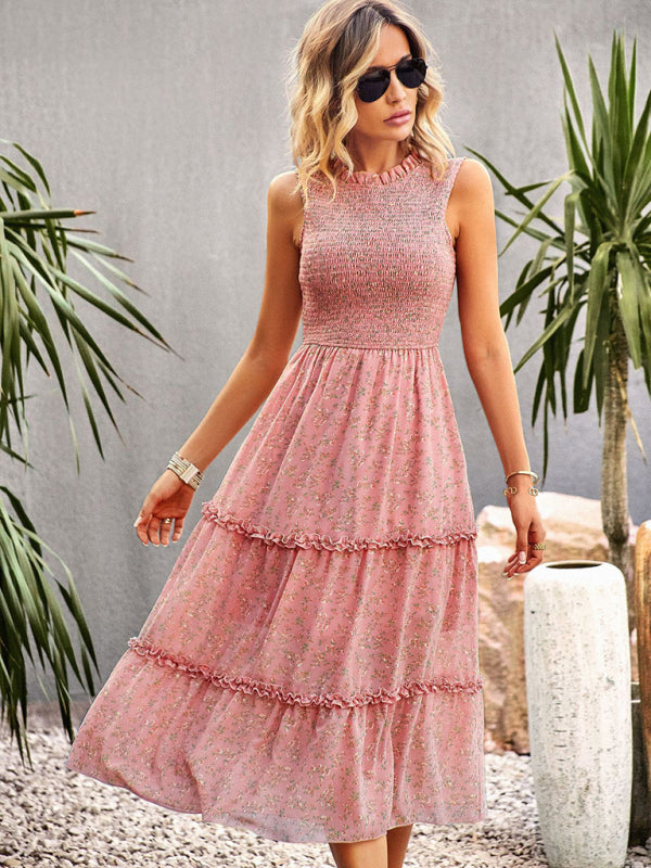 Floral Dresses- Floral Tiered Midi Dress: Smocked Bodice, Ruffle Accents- - Pekosa Women Clothing
