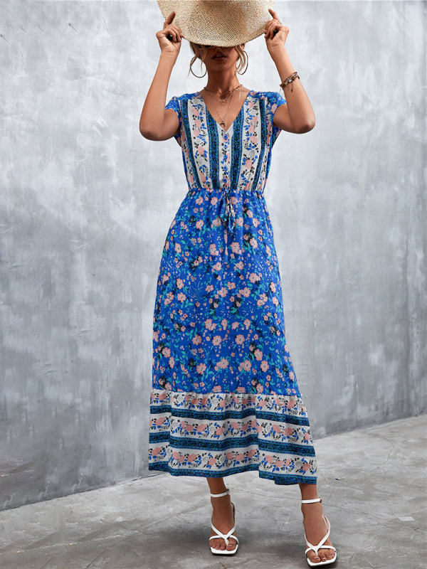 Floral Dresses- Floral V-Neck Waist Tie Ruffle Hem Midi Maxi Dress- - Pekosa Women Clothing