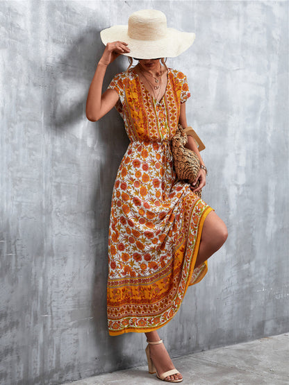 Floral Dresses- Floral V-Neck Waist Tie Ruffle Hem Midi Maxi Dress- Orange- Pekosa Women Clothing