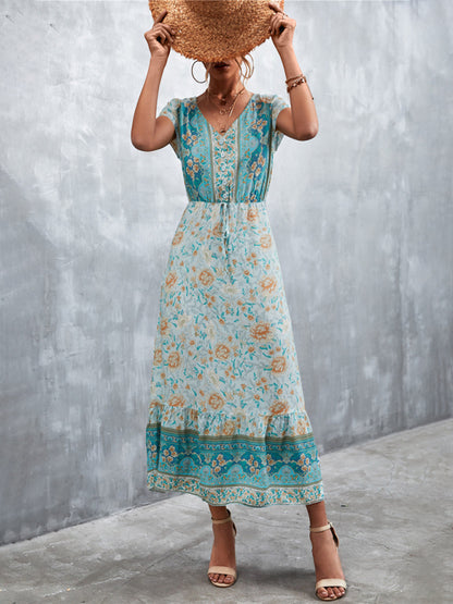 Floral Dresses- Floral V-Neck Waist Tie Ruffle Hem Midi Maxi Dress- - Pekosa Women Clothing