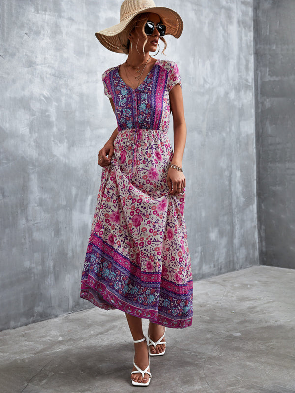 Floral Dresses- Floral V-Neck Waist Tie Ruffle Hem Midi Maxi Dress- Purple- Pekosa Women Clothing