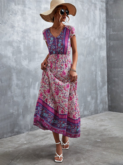 Floral Dresses- Floral V-Neck Waist Tie Ruffle Hem Midi Maxi Dress- Purple- Pekosa Women Clothing