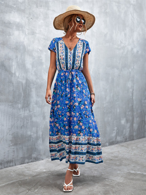 Floral Dresses- Floral V-Neck Waist Tie Ruffle Hem Midi Maxi Dress- - Pekosa Women Clothing