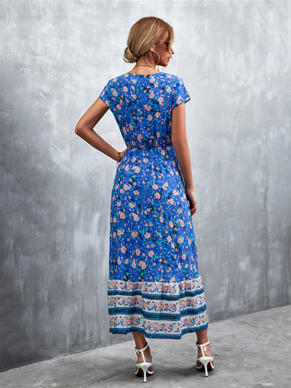 Floral Dresses- Floral V-Neck Waist Tie Ruffle Hem Midi Maxi Dress- - Pekosa Women Clothing