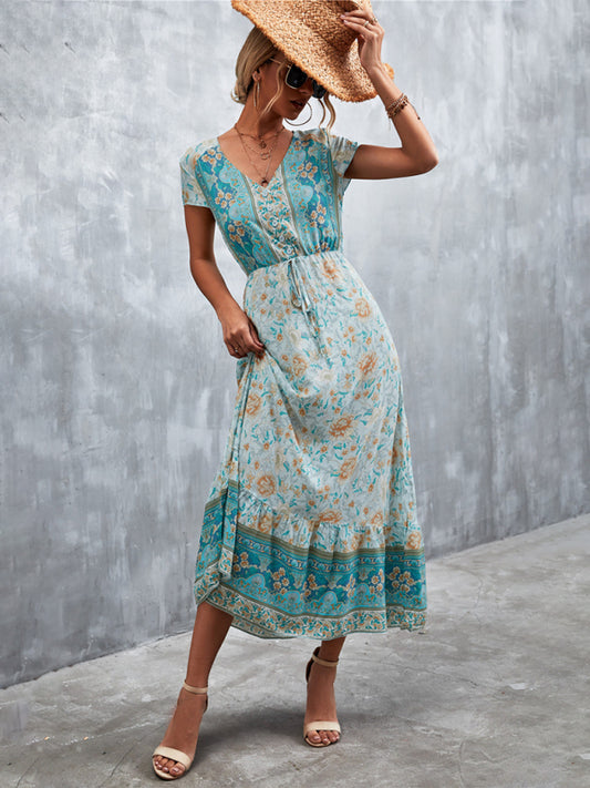 Floral Dresses- Floral V-Neck Waist Tie Ruffle Hem Midi Maxi Dress- Green- Pekosa Women Clothing