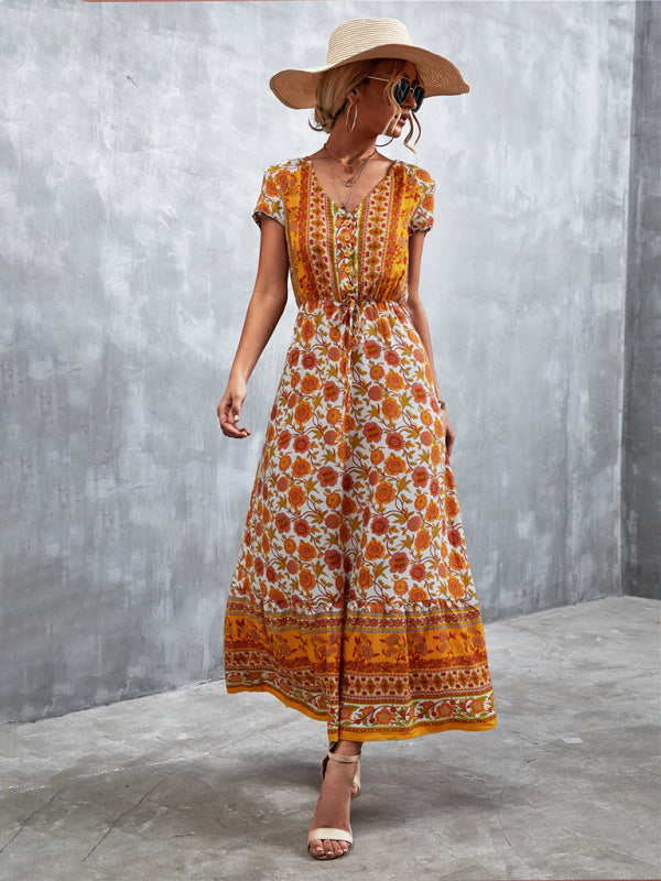 Floral Dresses- Floral V-Neck Waist Tie Ruffle Hem Midi Maxi Dress- - Pekosa Women Clothing