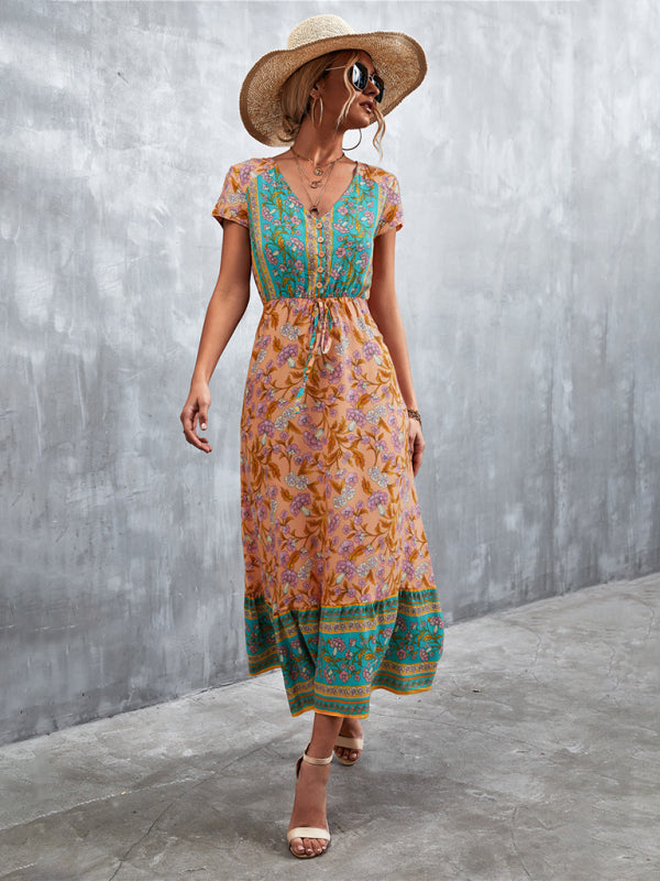 Floral Dresses- Floral V-Neck Waist Tie Ruffle Hem Midi Maxi Dress- - Pekosa Women Clothing