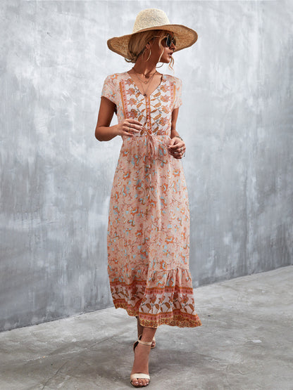 Floral Dresses- Floral V-Neck Waist Tie Ruffle Hem Midi Maxi Dress- - Pekosa Women Clothing